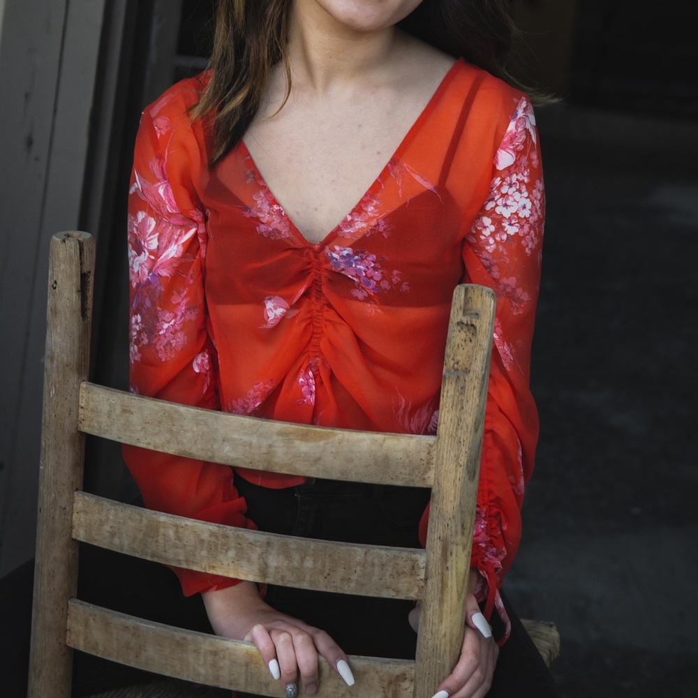 Urban outfitters sheer red floral blouse